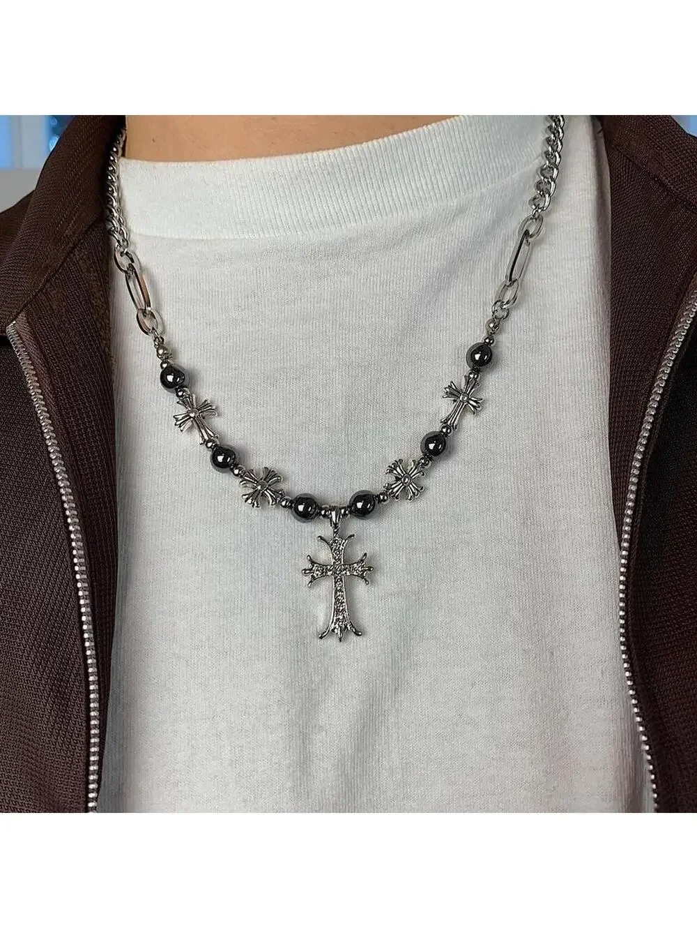 y2k 2000s style grunge chrome pearl rhinestone silver cross pendant Cuban link